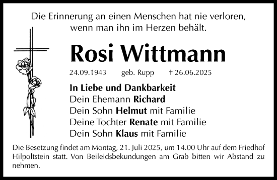 Traueranzeige von Rosi Wittmann von Roth-Hilpoltsteiner Volkszeitung Lokal