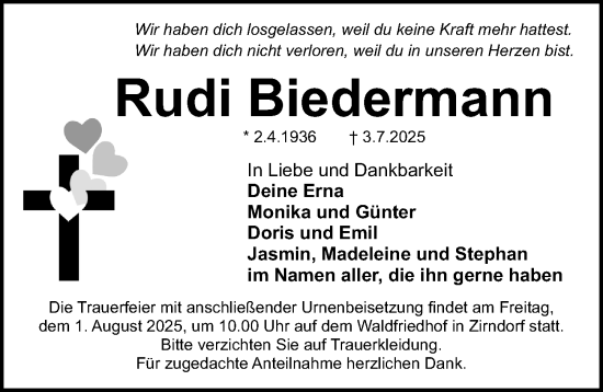 Traueranzeige von Rudi Biedermann von Fürther Nachrichten Lokal
