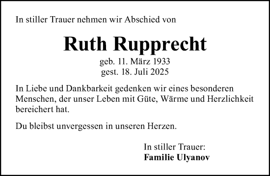 Traueranzeige von Ruth Rupprecht von Gesamtausgabe Nürnberger Nachrichten/ Nürnberger Ztg.