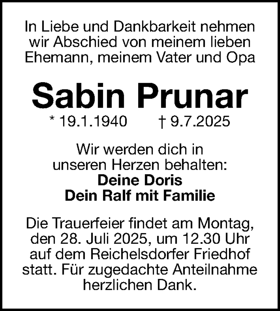  Traueranzeige für Sabin Prunar vom 26.07.2025 aus Gesamtausgabe Nürnberger Nachrichten/ Nürnberger Ztg.