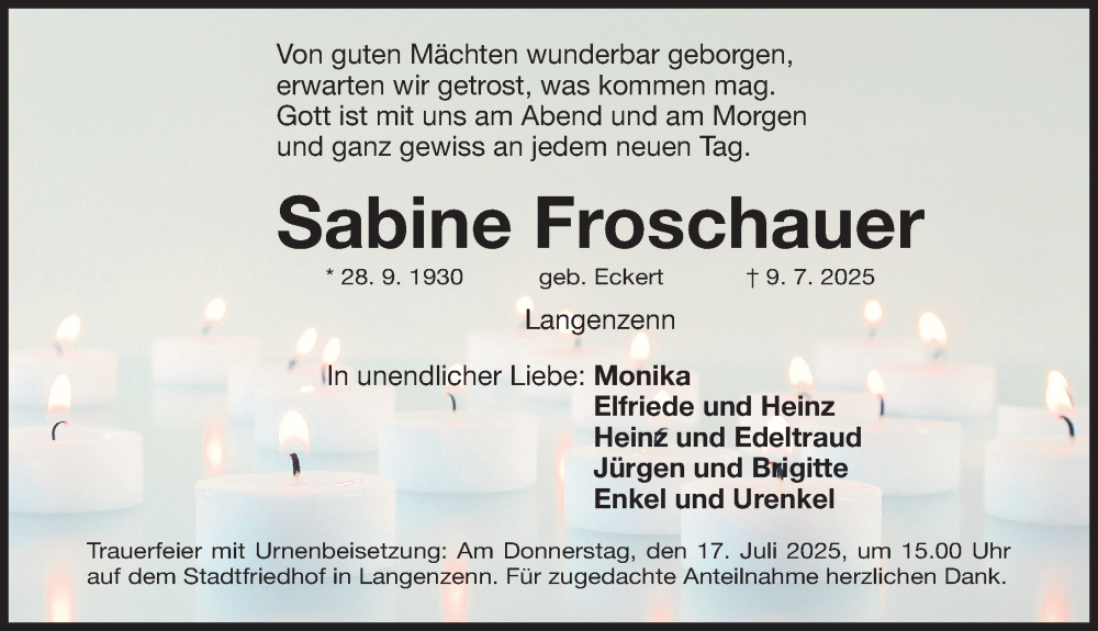  Traueranzeige für Sabine Froschauer vom 15.07.2025 aus Fürther Nachrichten Lokal