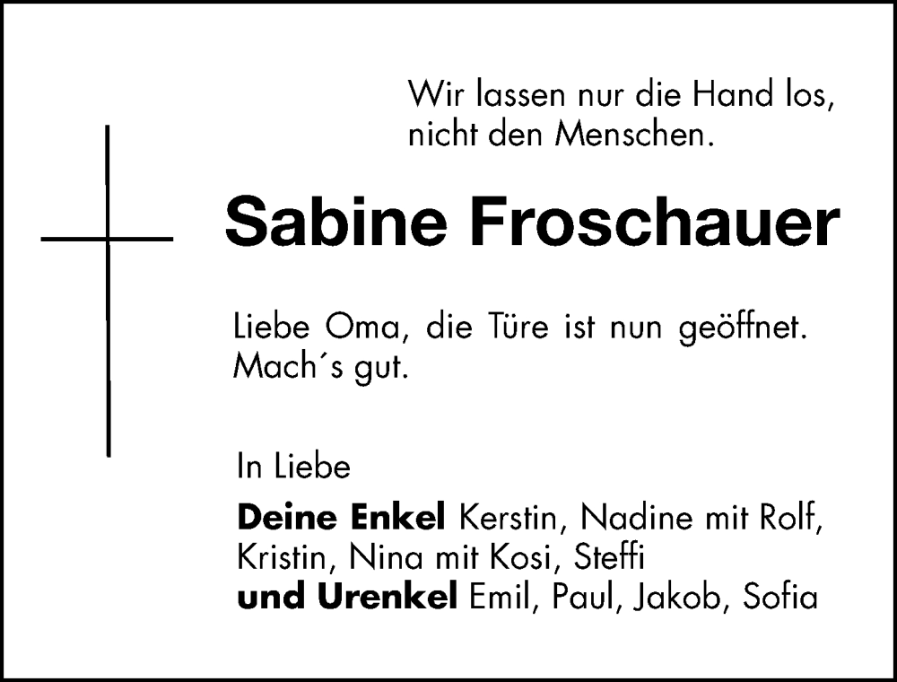  Traueranzeige für Sabine Froschauer vom 15.07.2025 aus Fürther Nachrichten Lokal