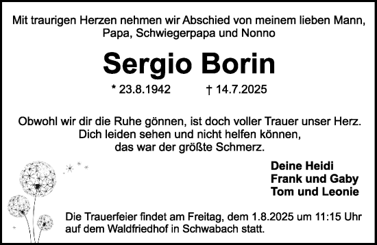 Traueranzeige von Sergio Borin von Schwabacher Tagblatt Lokal
