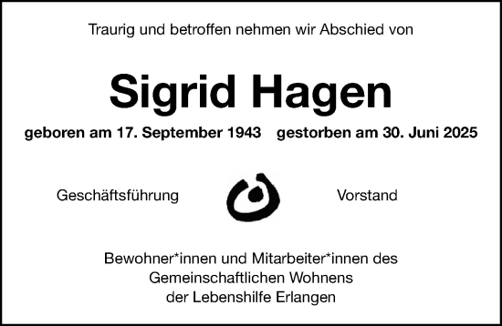 Traueranzeige von Sigrid Hagen von Erlanger Nachrichten Lokal