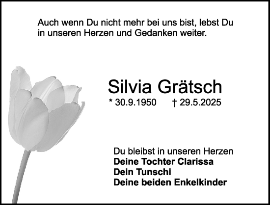 Traueranzeige von Silvia Grätsch von Schwabacher Tagblatt Lokal