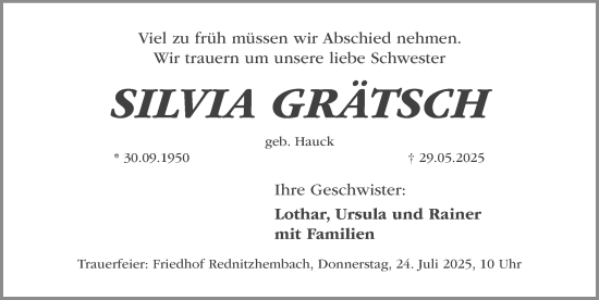 Traueranzeige von Silvia Grätsch von Schwabacher Tagblatt Lokal