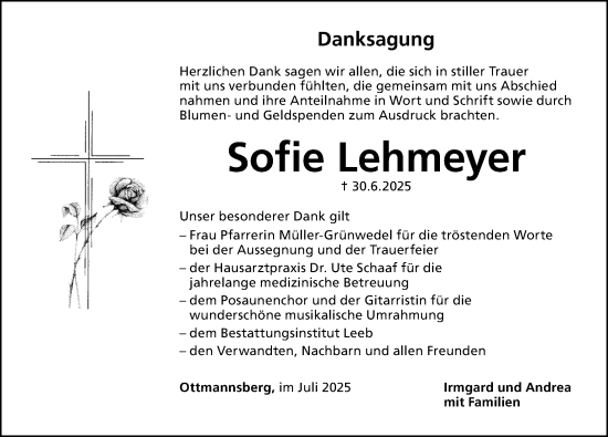 Traueranzeige von Sofie Lehmeyer von Altmühl-Bote Lokal