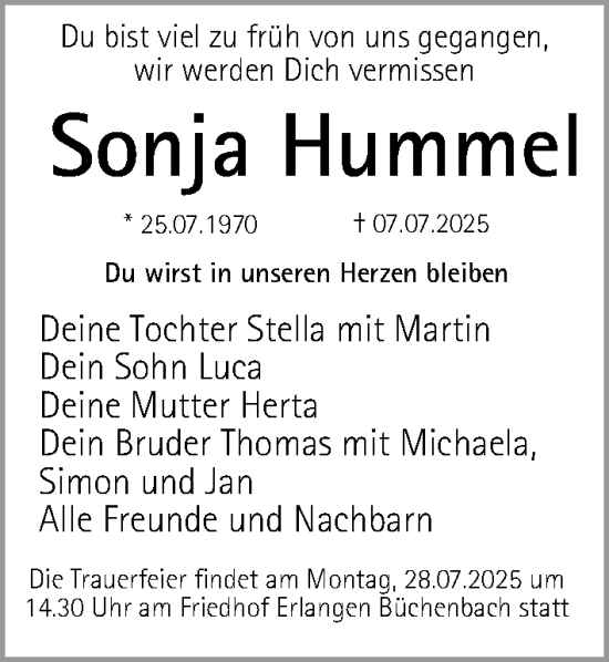 Traueranzeige von Sonja Hummel von Erlanger Nachrichten Lokal