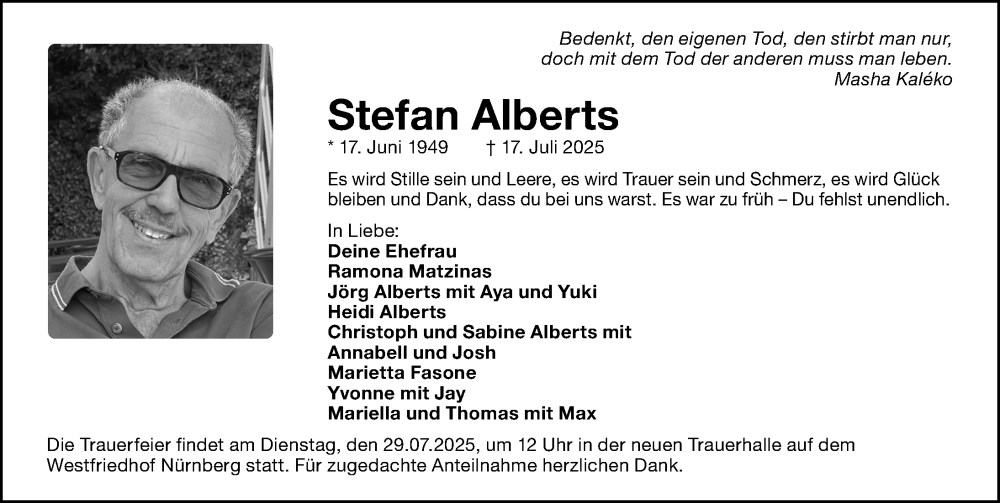  Traueranzeige für Stefan Alberts vom 26.07.2025 aus Gesamtausgabe Nürnberger Nachrichten/ Nürnberger Ztg.