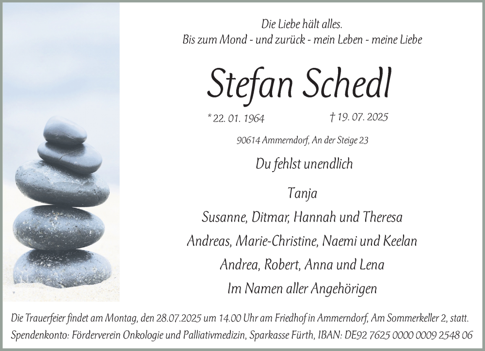  Traueranzeige für Stefan Schedl vom 26.07.2025 aus Fürther Nachrichten Lokal