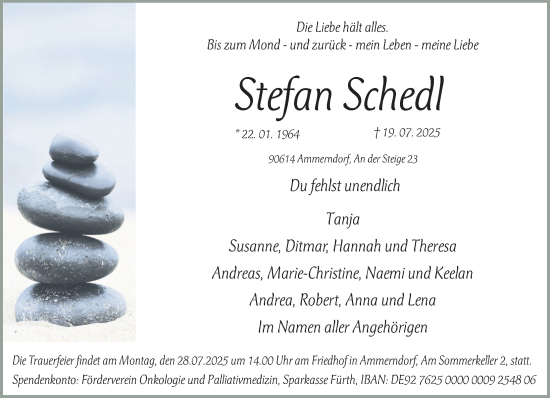 Traueranzeige von Stefan Schedl von Fürther Nachrichten Lokal