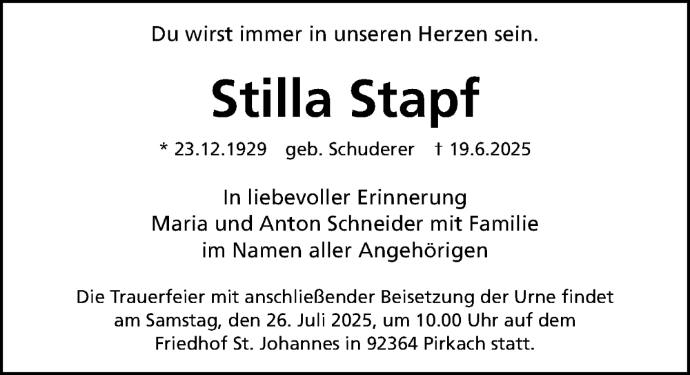  Traueranzeige für Stilla Stapf vom 19.07.2025 aus Fürther Nachrichten Lokal