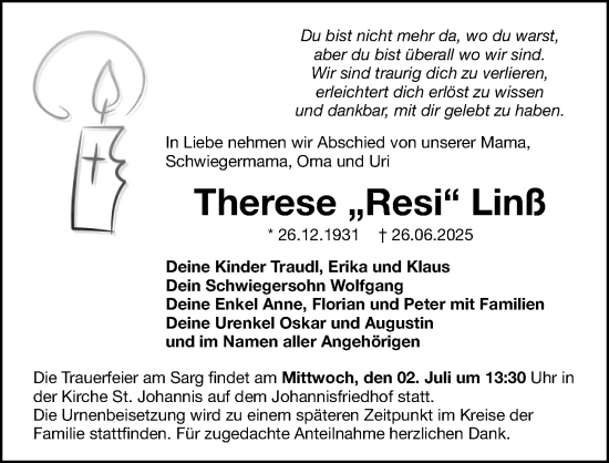 Traueranzeige von Therese Linß von Gesamtausgabe Nürnberger Nachrichten/ Nürnberger Ztg.
