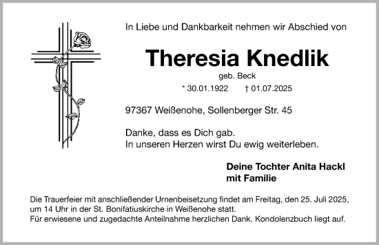 Traueranzeige von Theresia Knedlik von Nordbayerische Nachrichten Forchheim Lokal