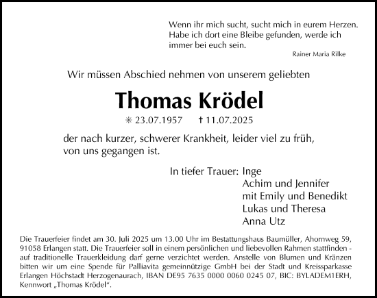 Traueranzeige von Thomas Krödel von Erlanger Nachrichten Lokal