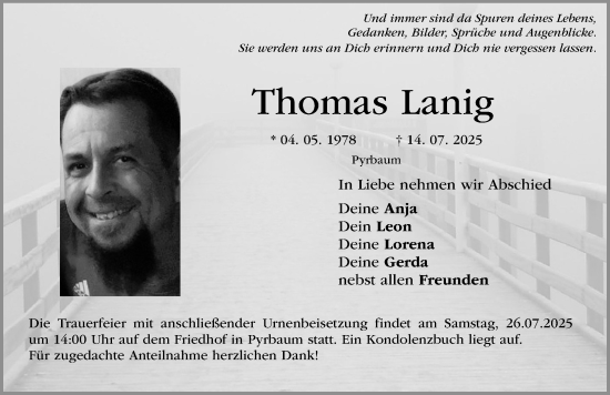 Traueranzeige von Thomas Lanig von Neumarkter Nachrichten Lokal