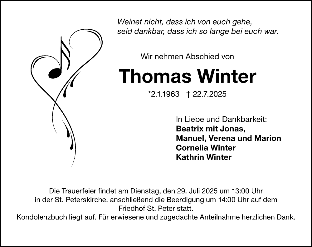  Traueranzeige für Thomas Winter vom 26.07.2025 aus Gesamtausgabe Nürnberger Nachrichten/ Nürnberger Ztg.