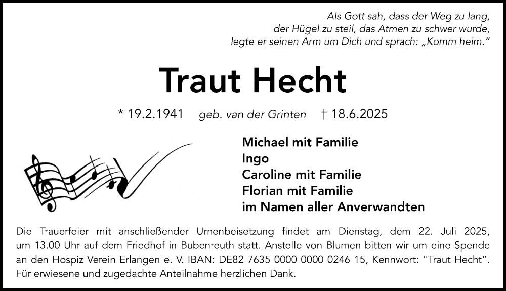  Traueranzeige für Traut Hecht vom 19.07.2025 aus Erlanger Nachrichten Lokal