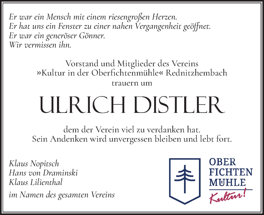  Traueranzeige für Ulrich Distler vom 19.07.2025 aus Schwabacher Tagblatt Lokal