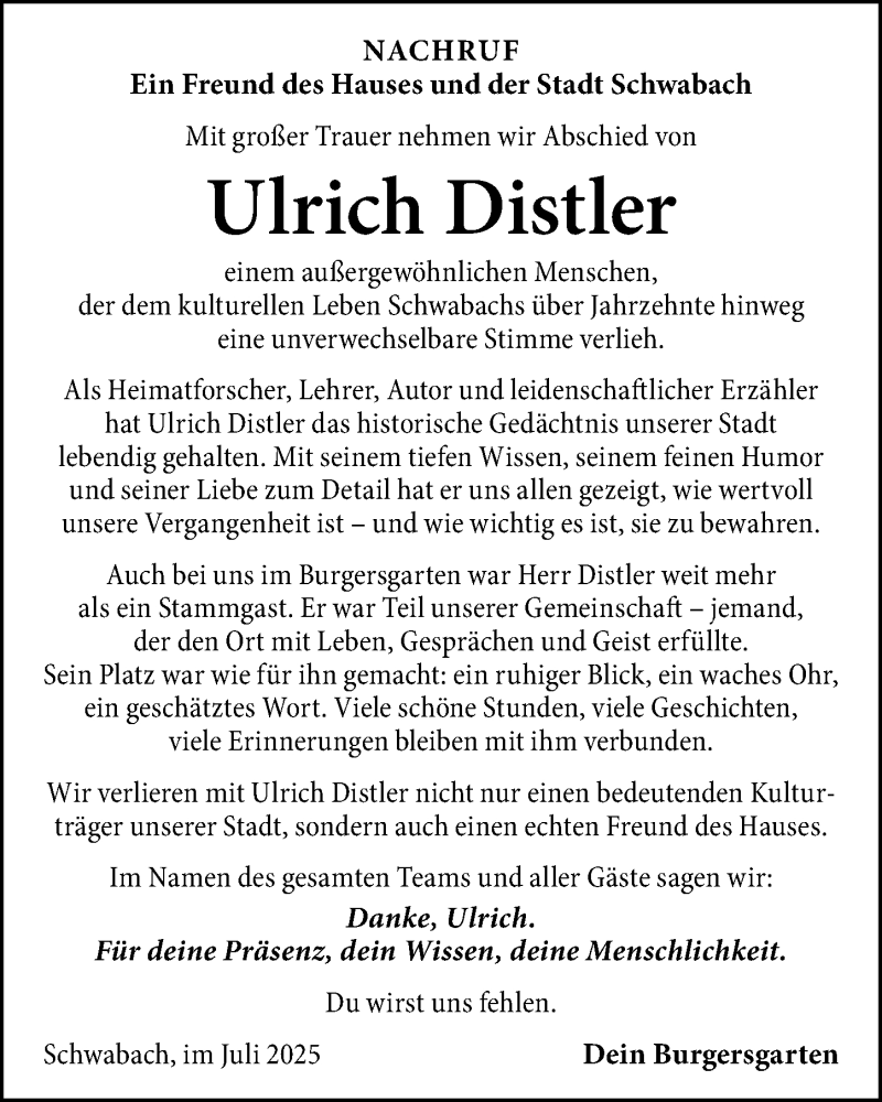 Traueranzeige für Ulrich Distler vom 19.07.2025 aus Schwabacher Tagblatt Lokal