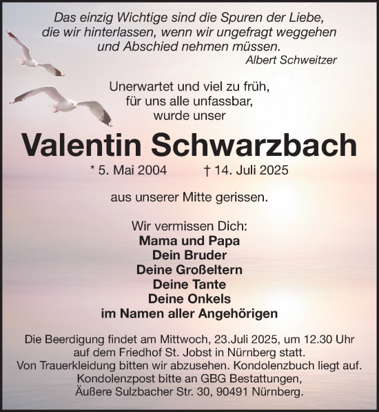 Traueranzeige von Valentin Schwarzbach von Gesamtausgabe Nürnberger Nachrichten/ Nürnberger Ztg.