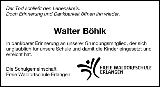 Traueranzeige von Walter Böhlk von Gesamtausgabe Nürnberger Nachrichten/ Nürnberger Ztg.
