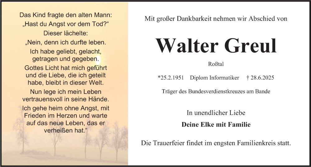  Traueranzeige für Walter Greul vom 05.07.2025 aus Gesamtausgabe Nürnberger Nachrichten/ Nürnberger Ztg.