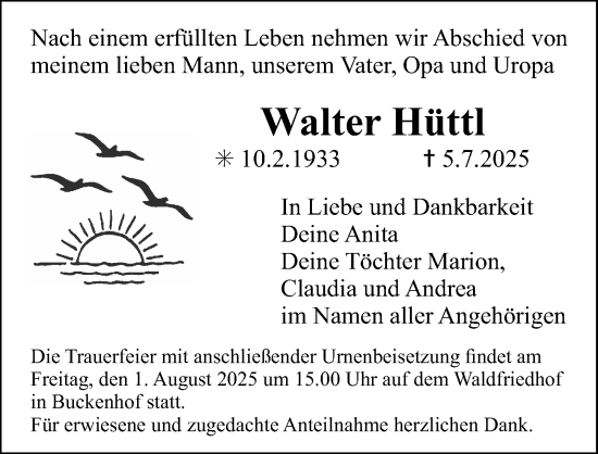 Traueranzeige von Walter Hüttl von Erlanger Nachrichten Lokal