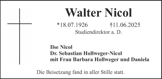 Traueranzeige von Walter Nicol von Erlanger Nachrichten Lokal