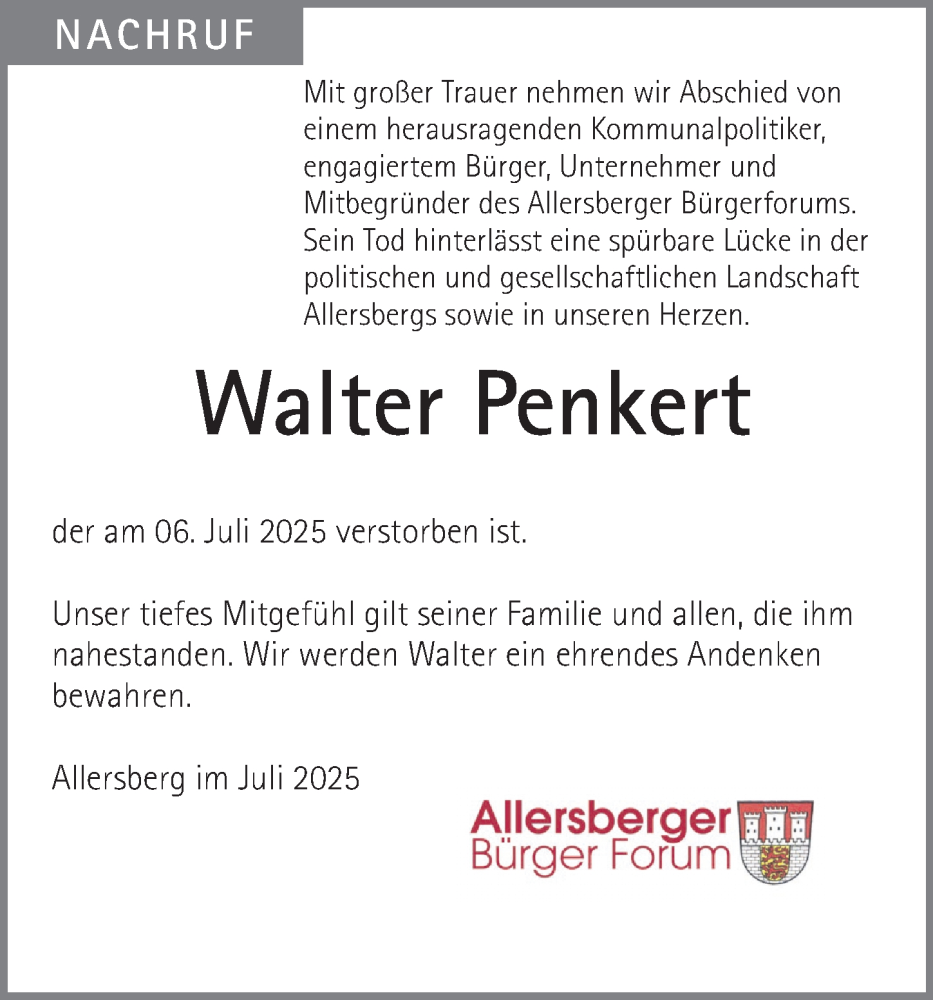  Traueranzeige für Walter Penkert vom 19.07.2025 aus Roth-Hilpoltsteiner Volkszeitung Lokal