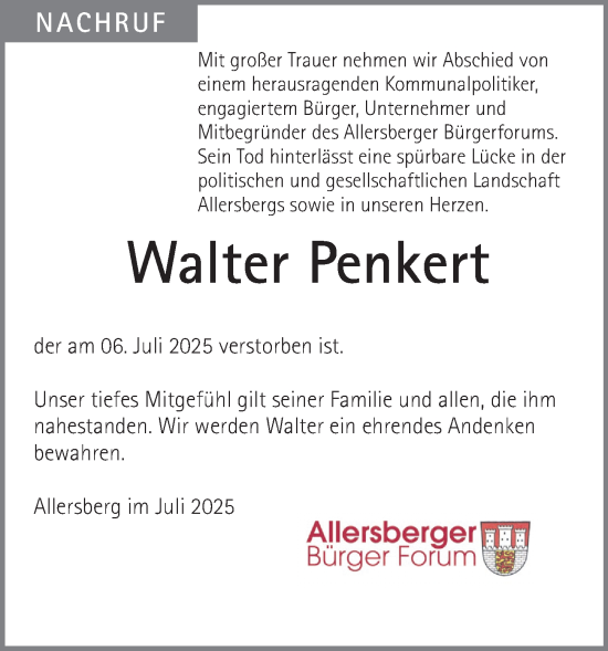 Traueranzeige von Walter Penkert von Roth-Hilpoltsteiner Volkszeitung Lokal