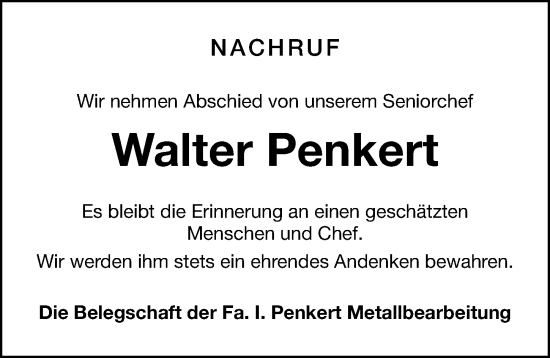 Traueranzeige von Walter Penkert von Roth-Hilpoltsteiner Volkszeitung Lokal