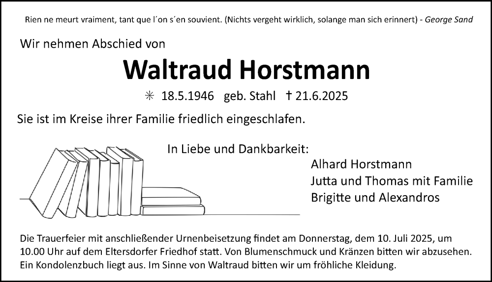  Traueranzeige für Waltraud Horstmann vom 05.07.2025 aus Erlanger Nachrichten Lokal