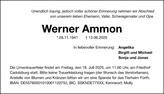 Traueranzeige von Werner Ammon von Gesamtausgabe Nürnberger Nachrichten/ Nürnberger Ztg.