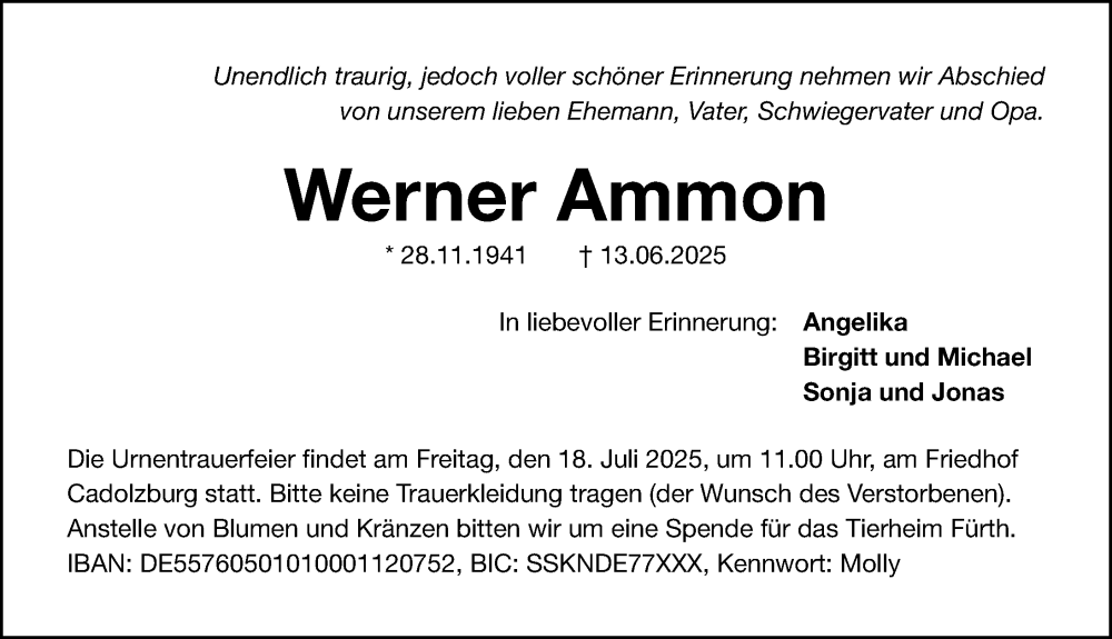  Traueranzeige für Werner Ammon vom 12.07.2025 aus Gesamtausgabe Nürnberger Nachrichten/ Nürnberger Ztg.