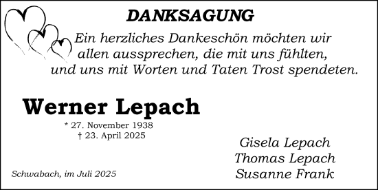 Traueranzeige von Werner Lepach von Schwabacher Tagblatt Lokal