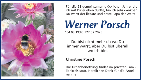 Traueranzeige von Werner Porsch von Gesamtausgabe Nürnberger Nachrichten/ Nürnberger Ztg.