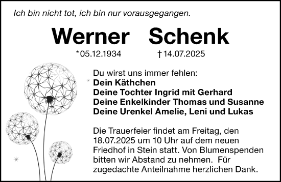 Traueranzeige von Werner Schenk von Gesamtausgabe Nürnberger Nachrichten/ Nürnberger Ztg.