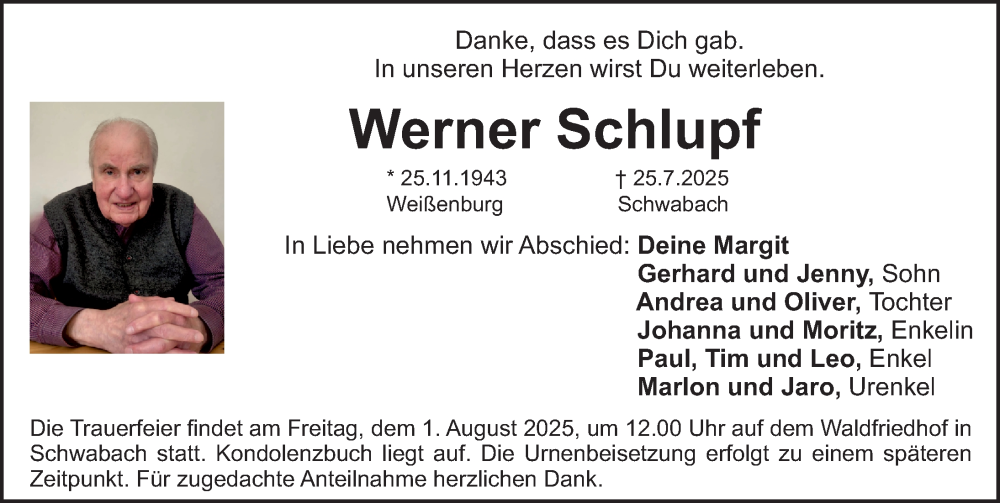 Traueranzeige für Werner Schlupf vom 30.07.2025 aus Schwabacher Tagblatt Lokal
