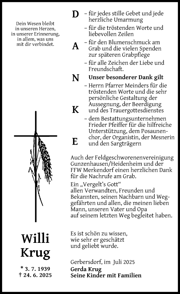  Traueranzeige für Willi Krug vom 19.07.2025 aus Altmühl-Bote Lokal