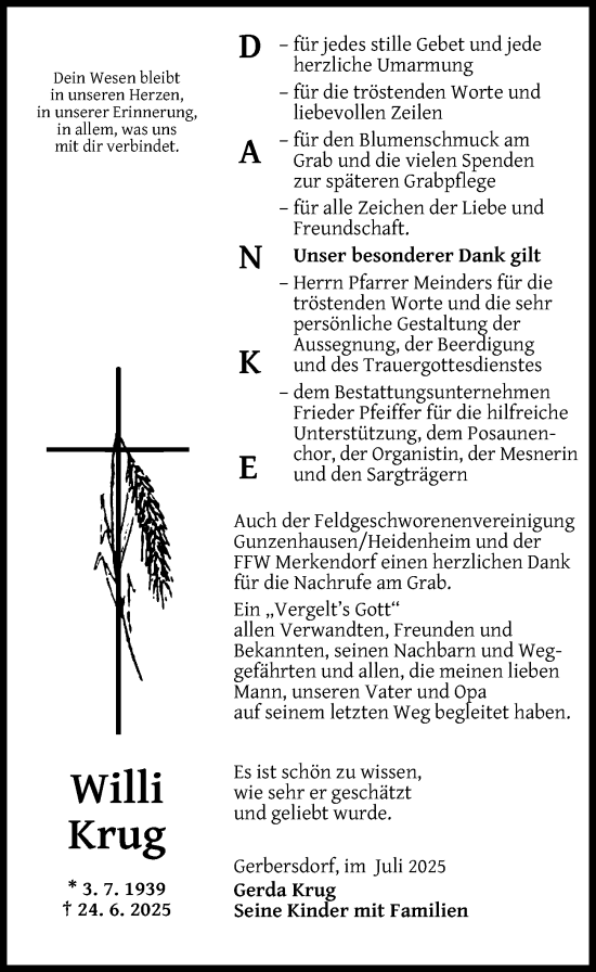 Traueranzeige von Willi Krug von Altmühl-Bote Lokal