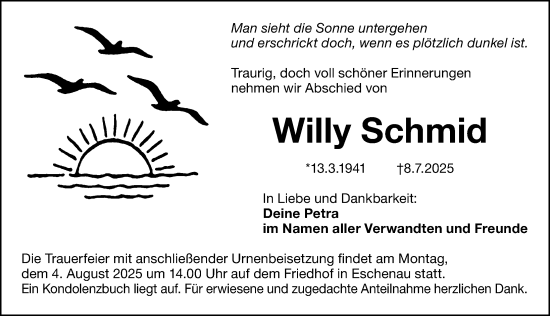 Traueranzeige von Willy Schmid von Gesamtausgabe Nürnberger Nachrichten/ Nürnberger Ztg.