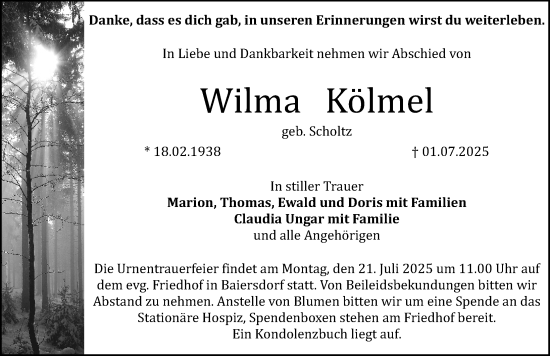 Traueranzeige von Wilma Kölmel von Erlanger Nachrichten Lokal