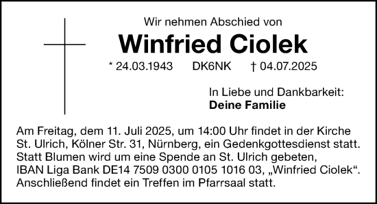 Traueranzeige von Winfried Ciolek von Gesamtausgabe Nürnberger Nachrichten/ Nürnberger Ztg.