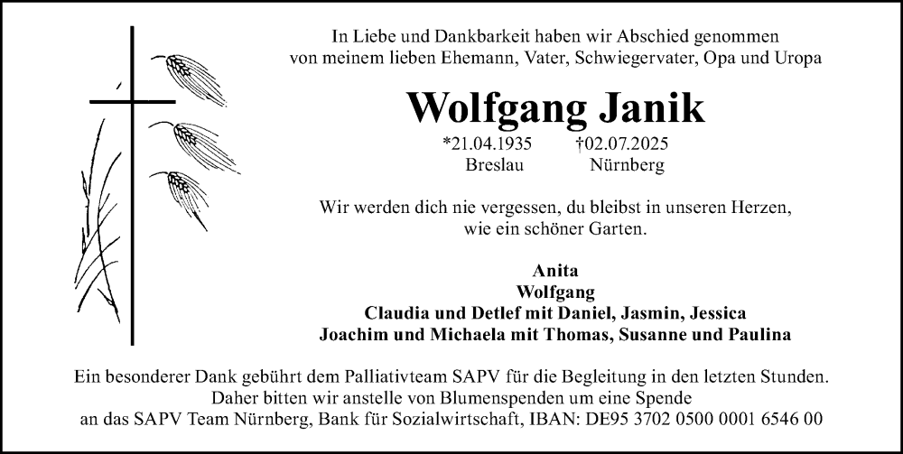  Traueranzeige für Wolfgang Janik vom 12.07.2025 aus Gesamtausgabe Nürnberger Nachrichten/ Nürnberger Ztg.