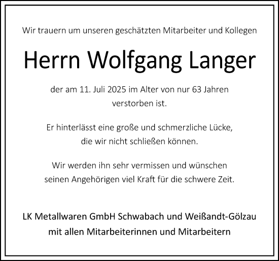 Traueranzeige von Wolfgang Langer von Schwabacher Tagblatt Lokal