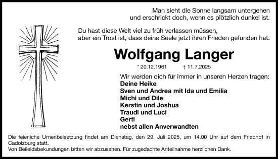 Traueranzeige von Wolfgang Langer von Fürther Nachrichten Lokal