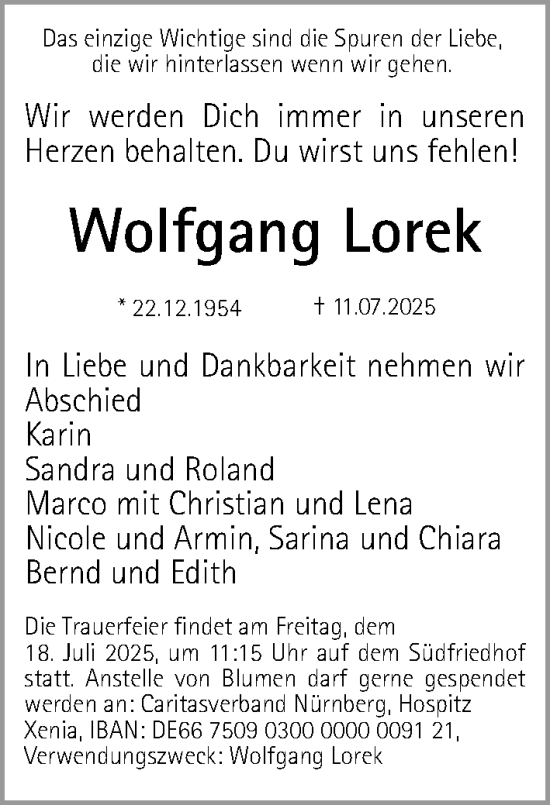 Traueranzeige von Wolfgang Lorek von Gesamtausgabe Nürnberger Nachrichten/ Nürnberger Ztg.
