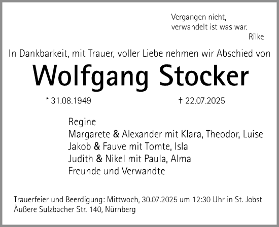 Traueranzeige von Wolfgang Stocker von Gesamtausgabe Nürnberger Nachrichten/ Nürnberger Ztg.