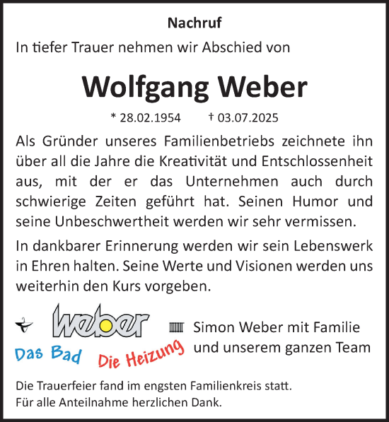 Traueranzeige von Wolfgang Weber von Fürther Nachrichten Lokal